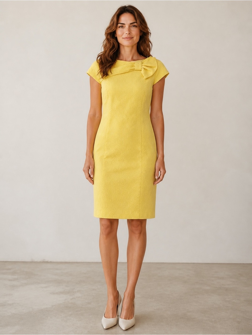 Studio I Bright Yellow Midi Dress with Bow Neck size 8